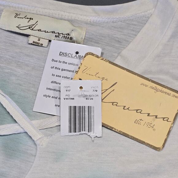 Vintage Havana White Blue Tie Dye Shirt NEW Classic Short Sleeves V-Neck Women S - Picture 3 of 13